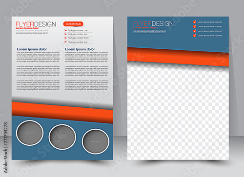 Brochure template. Business flyer. Editable A4 poster for design, education, presentation, website, magazine cover. Blue and orange color.