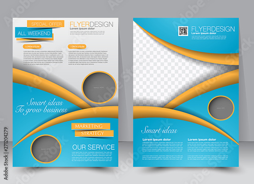 Brochure template. Business flyer. Editable A4 poster for design, education, presentation, website, magazine cover. Blue and orange color.