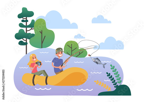 Man and woman in the fishing rubber boat