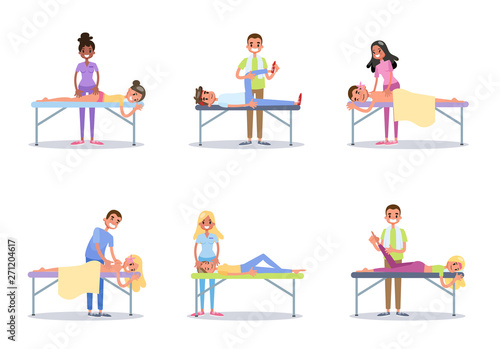 Doctor making massage to the people set.