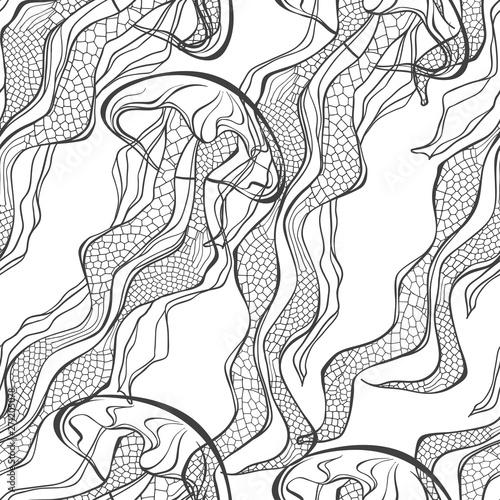 Seamless vector pattern with jellyfish on a white background. Black and white nature background.