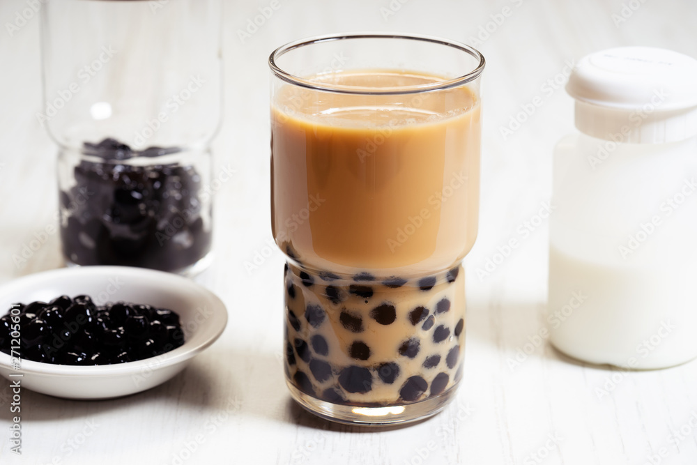 homemade bubble milk tea in a glass homemade bubble milk tea in a glass
