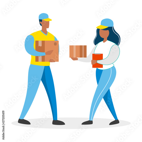 Courier couple in the uniform. Man and woman