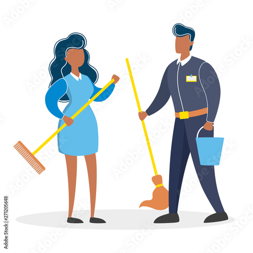 Cleaning service couple. Man and woman in the uniform