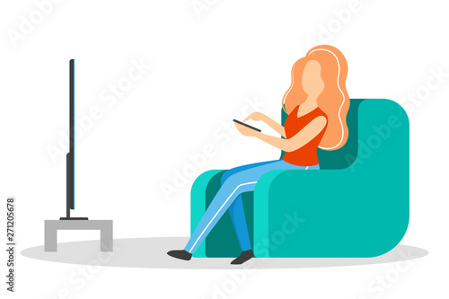 Woman sitting at home on couch. Girl relax indoors