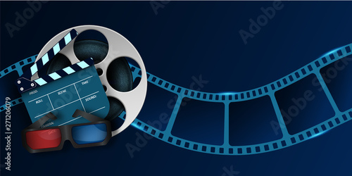 Cinema Film Strip wave, 3d cinema glasses, film reel and clapper board isolated on blue background. 3d movie flyer or poster with place for your text. Template design cinematography concept of film in