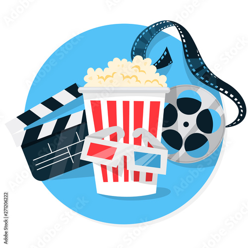 Cinema web banner concept. Pop corn, filmstrip, clapper