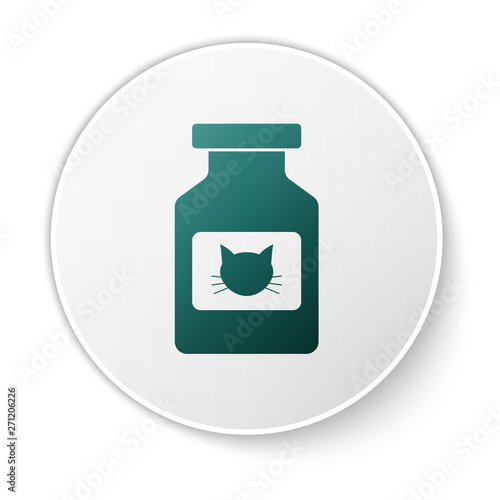 Green Cat medicine bottle icon isolated on white background. Container with pills. Prescription medicine for animal. White circle button. Vector Illustration