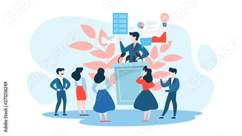 Press conference concept. Politician standing at the microphone