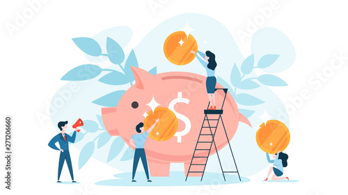 Golden coin falling in the piggy bank. Idea of economy