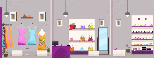Large Female Clothes Shopping Mall or boutique shop interior. Vector illustration.