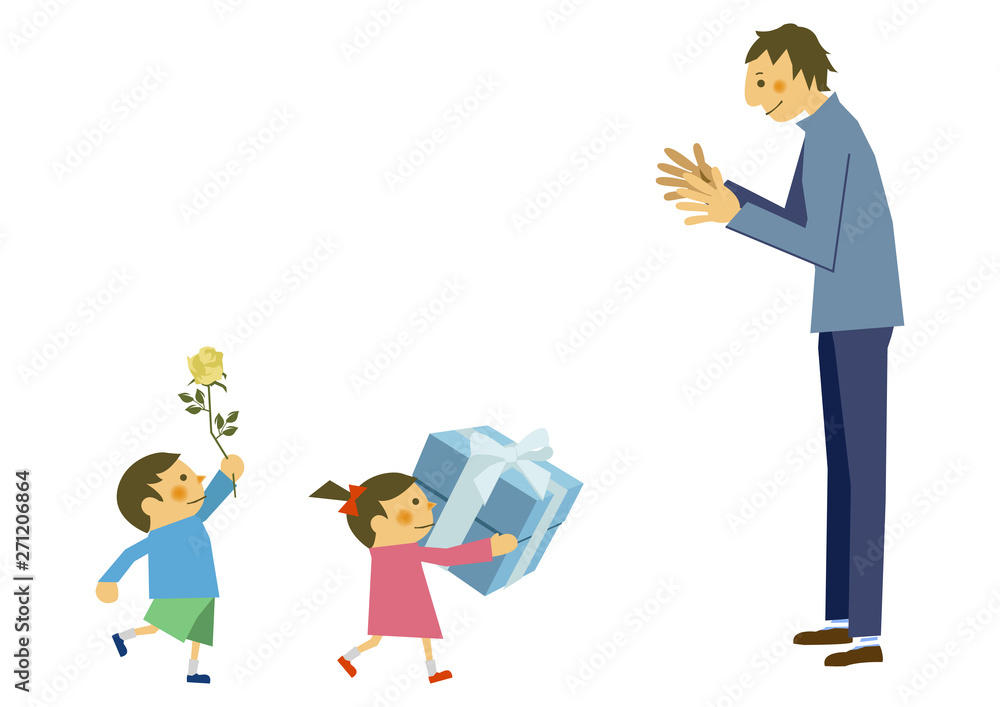 Obraz premium 親子のイラスト。父の日。六月のイラスト。お父さんと子供。