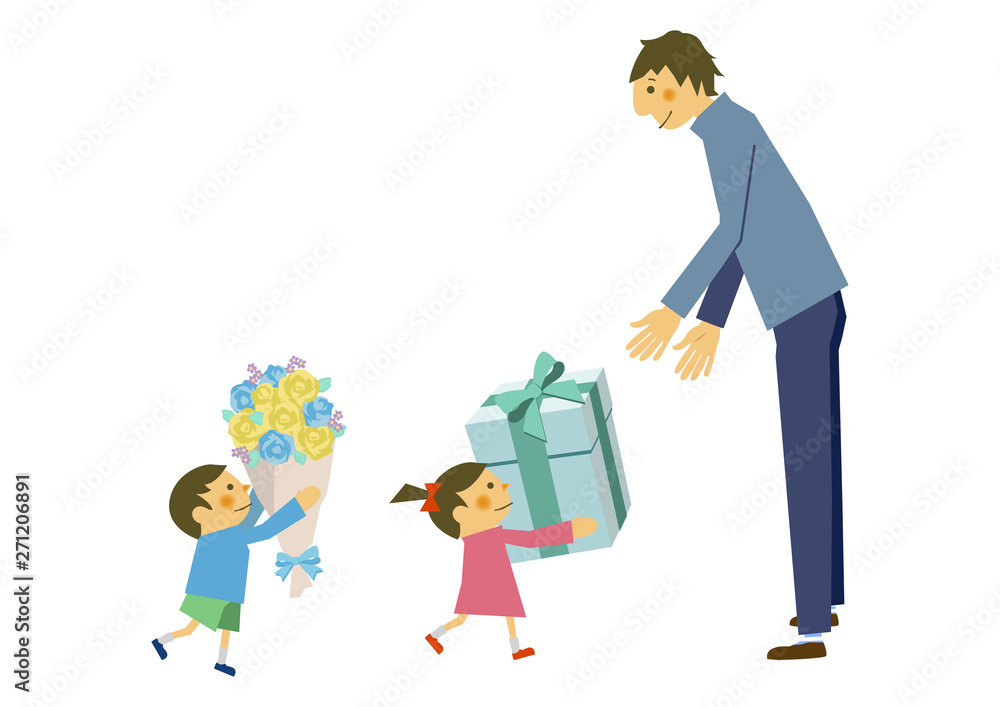 親子のイラスト。父の日。六月のイラスト。お父さんと子供。 親子のイラスト。父の日。六月のイラスト。お父さんと子供。
