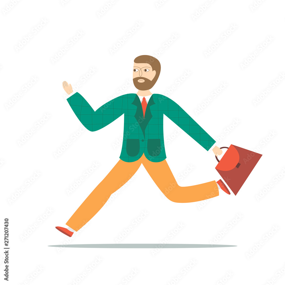 Young businessman with briefcase running fast.