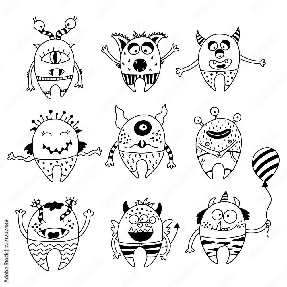 Fototapeta premium Hand drawn cute monsters on a white background.