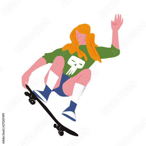 The girl skater. Flat with gradient. Girl with golden hair make stunt on skateboard.  Used for flyer, banner sporting events, packing sports goods. Vector illustration isolated object.