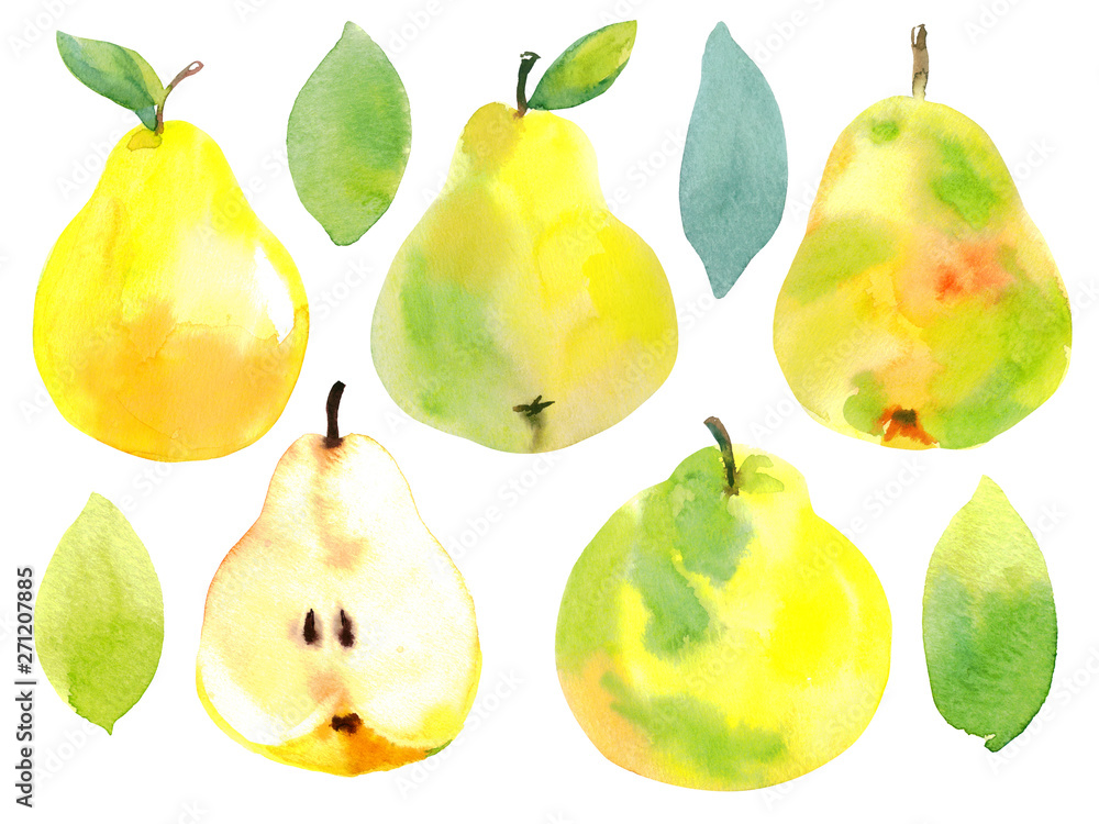 Set with isolated watercolor hand drawn pears and leaves Set with isolated watercolor hand drawn pears and leaves