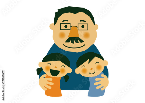 父の日のイラスト。お父さんと子供達。白背景の素材。バッジ。バナー。