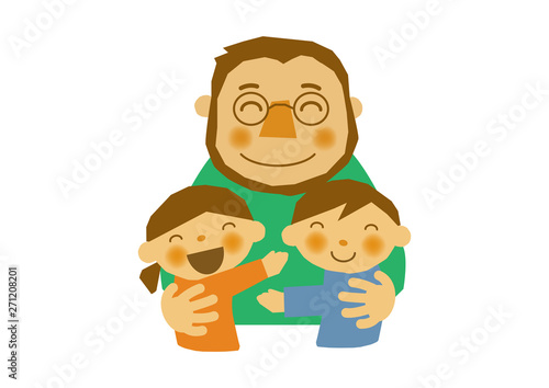 父の日のイラスト。お父さんと子供達。白背景の素材。バッジ。バナー。
