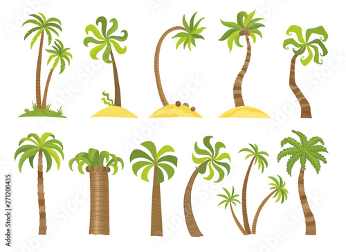 Vector set of simple palm trees. Flat cartoon palms on white background.