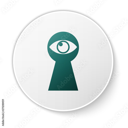 Green Keyhole with eye icon isolated on white background. The eye looks into the keyhole. Keyhole eye hole. White circle button. Vector Illustration