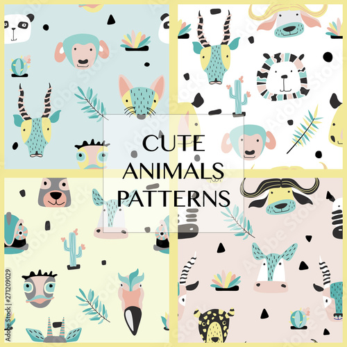 Set of safari baby animals seamless funny patterns.