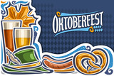 Vector greeting card for Oktoberfest with copy space, invitation with original lettering for word oktoberfest on blue rhomb background, maple leaf, beer glasses, green hat and grill sausages on plate.