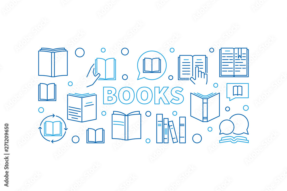 Books vector horizontal outline illustration. Education and learning concept banner with book linear icons Books vector horizontal outline illustration. Education and learning concept banner with book linear icons