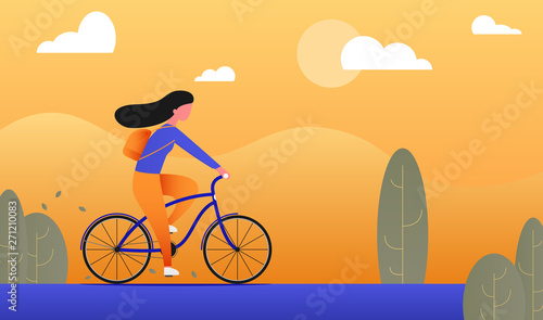 Girl spends weekend outdoors and ride bicycle. Flat style design.