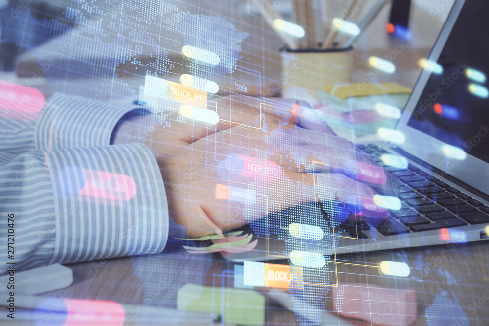 Businessman working on Laptop with technology theme drawing. Concept of big data. Double exposure. Businessman working on Laptop with technology theme drawing. Concept of big data. Double exposure.