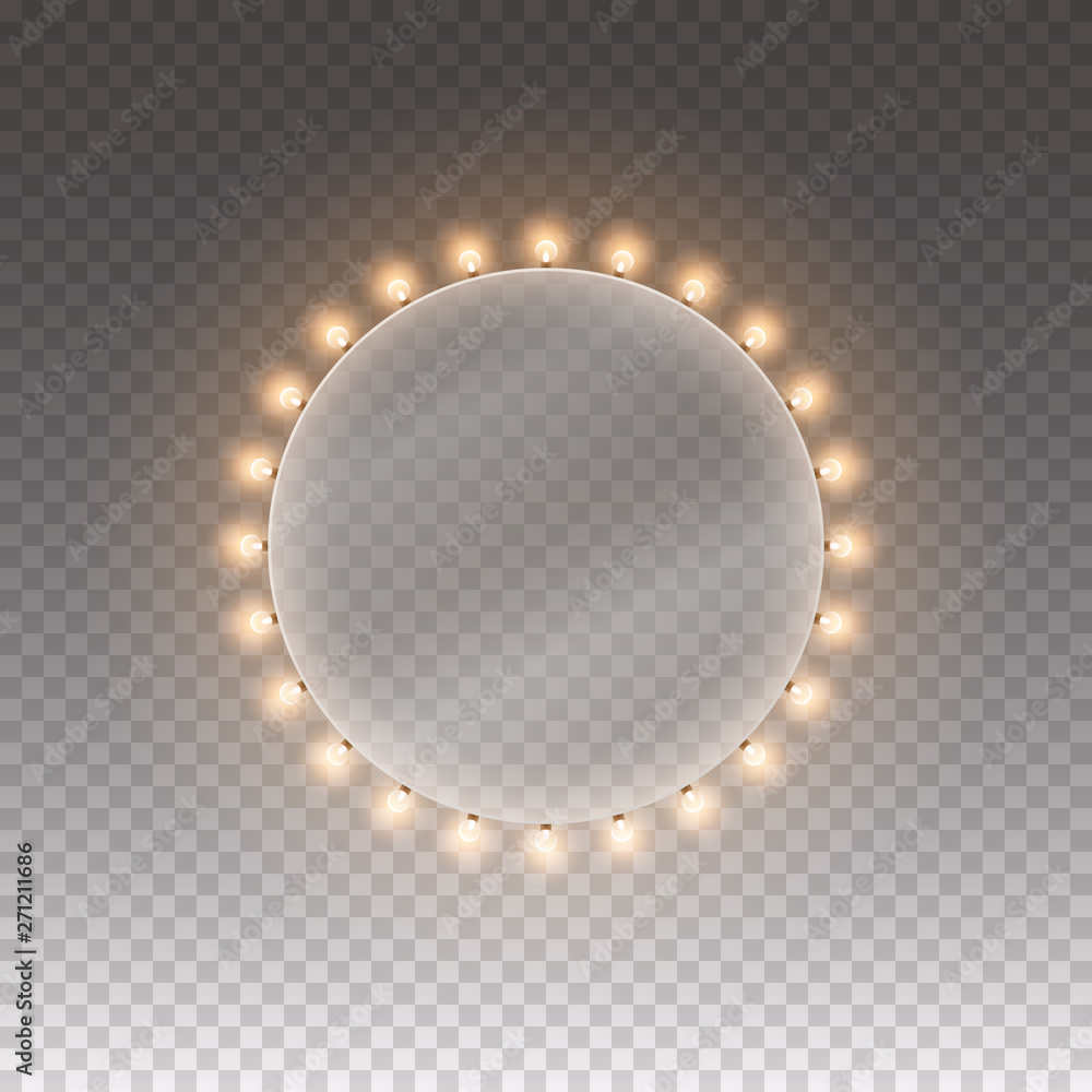 Light circle banner isolated on transparent background. Vector Hollywood bulbs round frame or