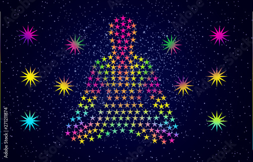 Silhouette of a yogi from stars on the background of the starry sky and colorful celestial stars. Pixel graphics.