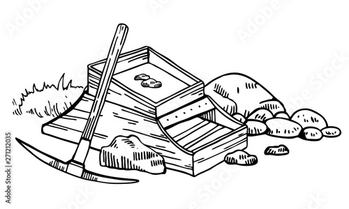 California gold rush vector illustration. Hand drawn vintage outline graphic with rocker box, stones and pick