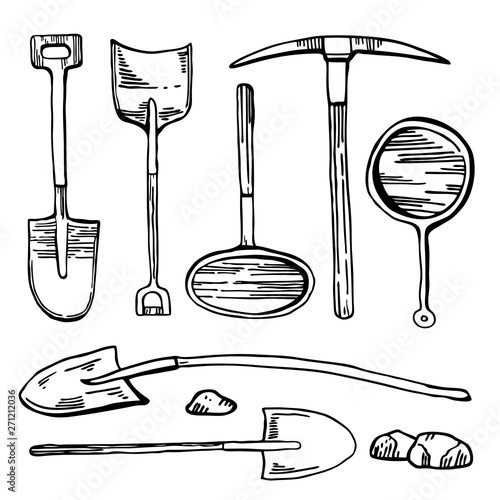 Mining and digging tools. Vector hand drawn vintage outline graphic set of historic shovels, pick and pans