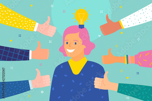 Concept of success. Cheerful young woman surrounded by hands with thumbs up.