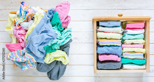 Marie Kondo tyding up method concept - before and after kids clothes drawer, copy space photo