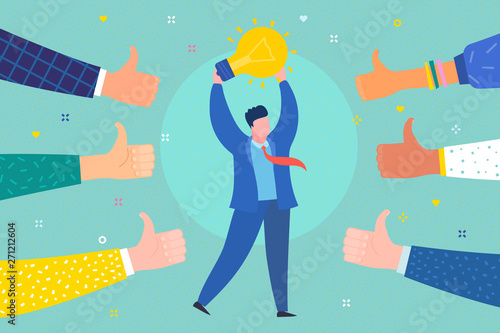 Concept of success and idea. Cheerful business man with symbol of idea