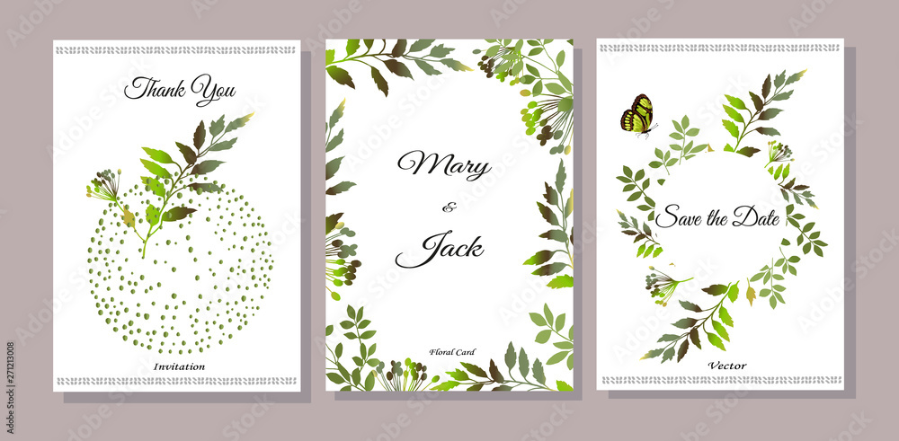 Set of cards with green leaves. Vector illustration. Decorative invitation to the holiday. Wedding, birthday. Universal card. Template for text.