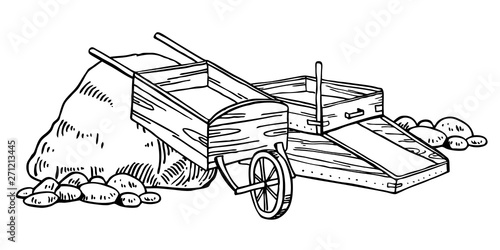 California gold rush vector illustration. Hand drawn vintage outline graphic with rocker box and wheelbarrow