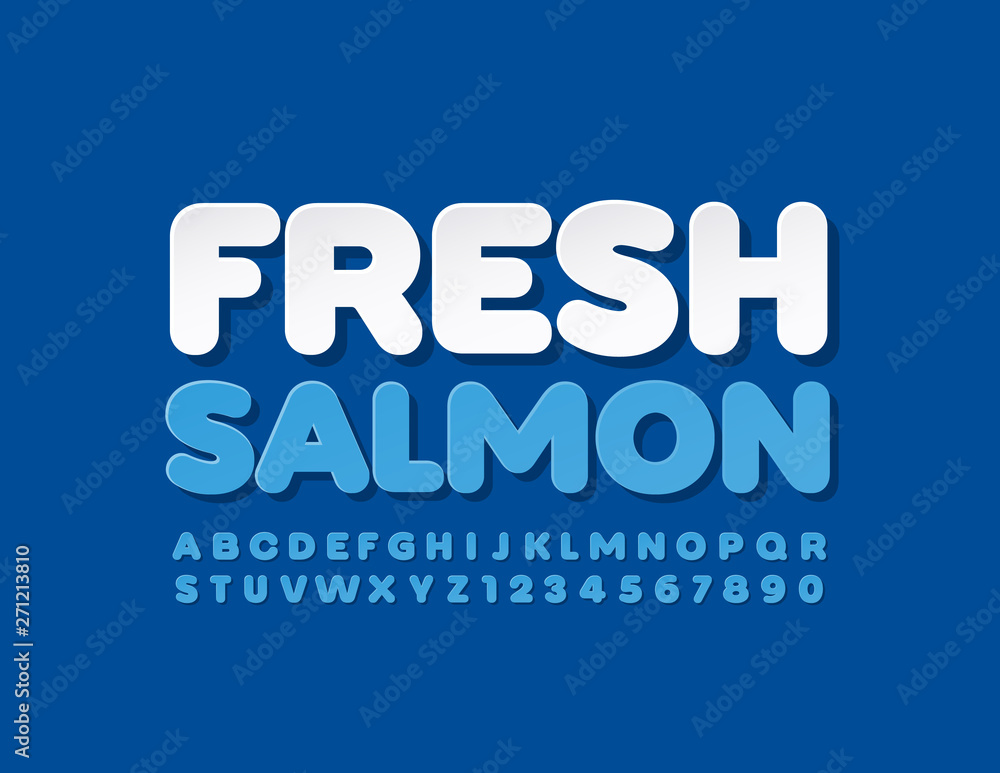Vector modern sign Fresh Salmon with Uppercase Font. Blue Alphabet Letters and Numbers set Vector modern sign Fresh Salmon with Uppercase Font. Blue Alphabet Letters and Numbers set