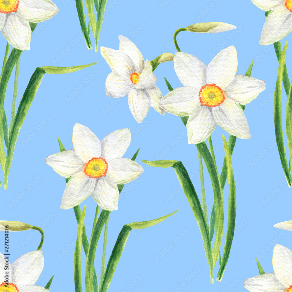 Watercolor narcissus flower seamless pattern. Hand drawn daffodil bouquet illustration isolated on blue background. Floral design for textile, wallpaper, wrapping, greeting card, scrapbooking, wedding