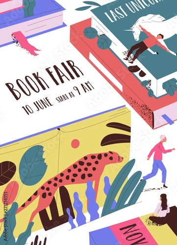 Flyer or poster template with tiny people, giant books and place for text. Book fair, market or exhibition, literature festival. Modern flat cartoon vector illustration for event announcement, promo.