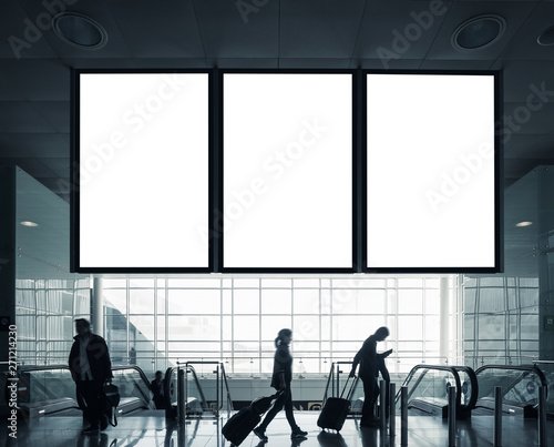 Mock up board flight Information Signage Passengers with Luggage Airport interior Travel Transportation