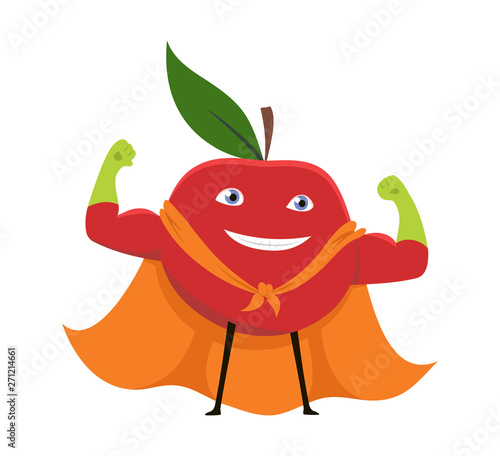 Cartoon Superhero Character Red Apple Vegetarian Superpower Concept Element Flat Design Style. Vector illustration of Icon.