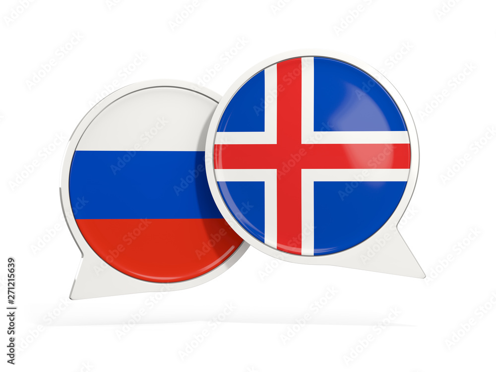 Obraz premium Flags of Russia and iceland inside chat bubbles