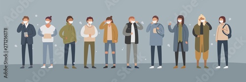 Collection of people in protective face dust masks. Bundle of men and women wearing protection from urban air pollution, smog, vapor, pollutant gas emission. Flat cartoon coloful vector illustration.
