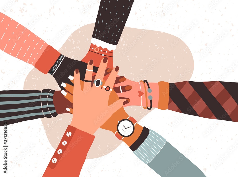 Hands of diverse group of people putting together. Concept of cooperation,  unity, togetherness, partnership, agreement, teamwork, social community or  movement. Flat cartoon vector illustration. Stock Vector | Adobe Stock