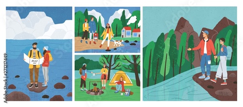 Collection of scenes with friends hiking or backpacking in forest or woods at river or sea. Set of young tourists or backpackers on camping trip, adventure travel. Flat cartoon vector illustration.