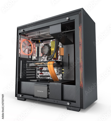 Open computer with red lighting effects and water cooled cooling system on white background 3d render