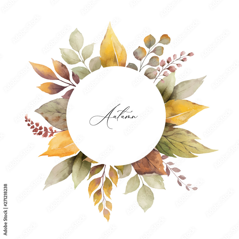Watercolor vector autumn frame with leaves and branches isolated on ...